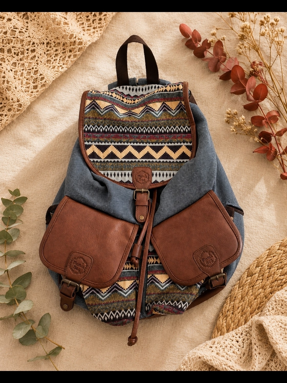 Mamie Bag Boho Tribal Canvas Backpack Faux Leather Festival Southwestern